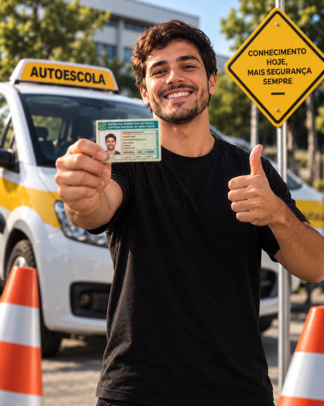 Rapaz feliz segurando uma CNH ilustrativa e fazendo sinal de positivo, com carro de autoescola e cones ao fundo