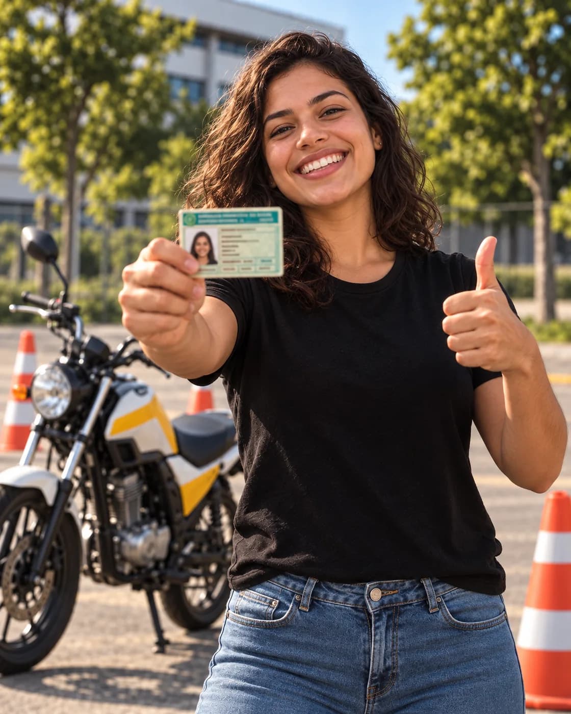 Mulher feliz segurando uma CNH e fazendo sinal de positivo, com uma moto e cones ao fundo